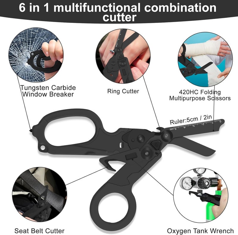Lemasa 6 in 1 Multifunctional Combination Tool, Folding Retractable Emergency Shears, Outdoor Camping Tools, Seat Belt Cutter, Oxygen Cylinder Wrench, Complimentary Adjustable Wrench (Electroplating black) - Image 3